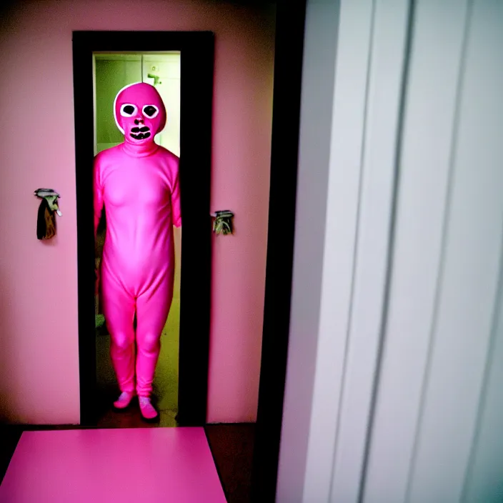 Image similar to a man in a pink morphsuit in a well - lit plain white hallway, double doors, orange eyes, linoleum floor, 3 5 mm, film shot, nightmare, horror