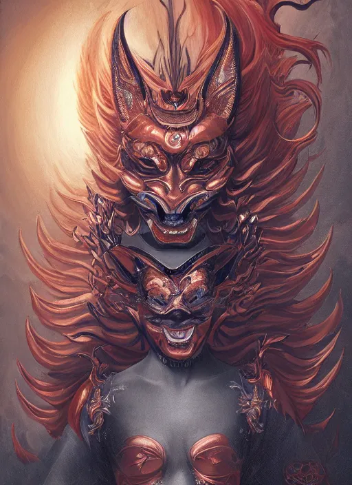 Image similar to a beautiful detailed oil on copper art illustration of a japanese hannya kitsune mask devil woman, the mask is broken, centered, by charlie bowater, zeng fanzh, trending on artstation, dim dusk lighting, cinematic lighting, detailed lighting, volumetric lighting, realistic, f 8, 4 k hd wallpaper