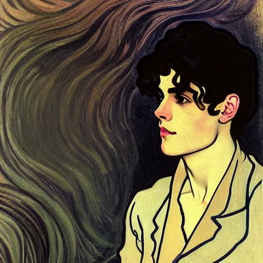 Image similar to painting of young cute handsome beautiful dark medium wavy hair man in his 2 0 s named shadow taehyung at the halloween party, somber, depressed, melancholy, sad, elegant, clear, painting, stylized, delicate, soft facial features, delicate facial features, soft art, art by alphonse mucha, vincent van gogh, egon schiele