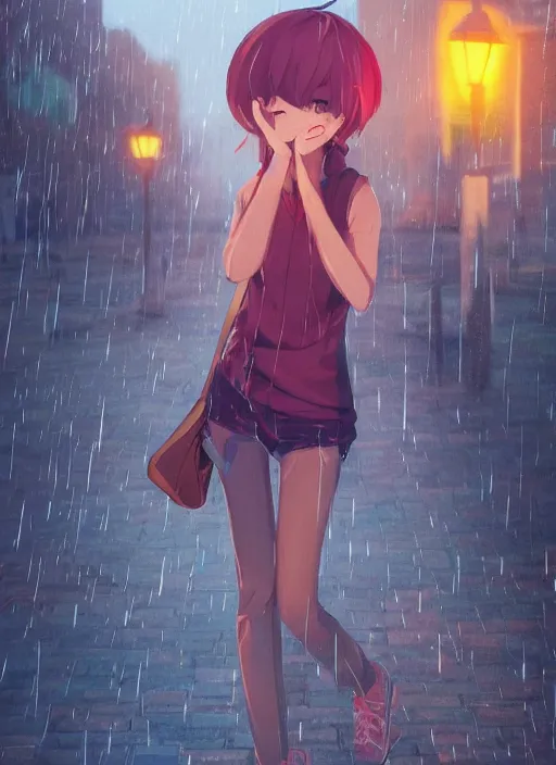 Image similar to listening to music at 2 am, night, pretty girl, pose, rain, lofi, lofi, peaceful, street light, anime key visual, poster, street wears, anime, by rossdraws, high quality, 4 k, trending, trending on artstation