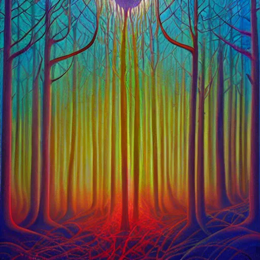 Prompt: painting of the master of light and energy in dense foggy forest by Alex Grey, acrylic art, ethereal, soothing, somber, elegant, warm light, cozy, glows,