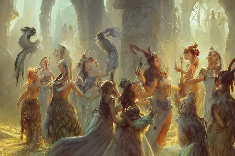 Image similar to the muses. sacred singers they who took up the strings of the deep, and turned the cacophony of an angry world into songs of unity and peace. there's a feathered bunny audience. morning lighting, cinematic fantasy painting, dungeons and dragons, jessica rossier and brian froud