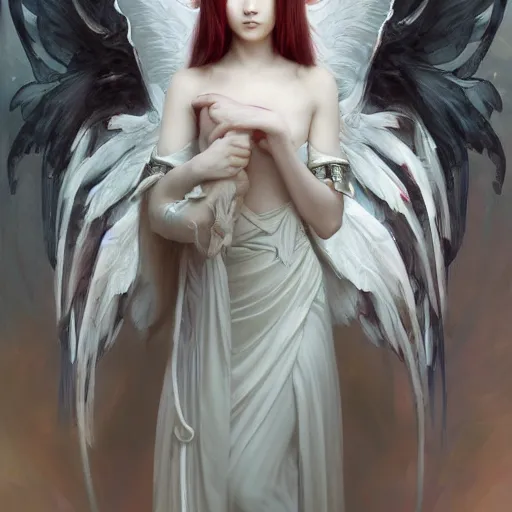 Prompt: Beautiful pale angelic goth asian girl with angel wings and devil\'s horns, warhammer 40000 masterpiece 4k digital illustration by Ruan Jia and Mandy Jurgens and Artgerm and william-adolphe bouguereau, highly detailed, trending on artstation, award winning,