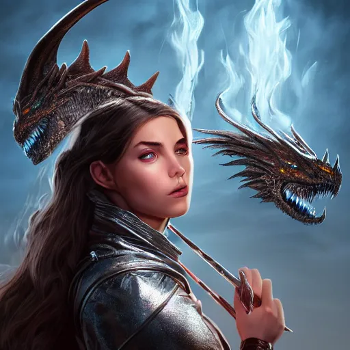 Image similar to An epic fantasy comic book style portrait painting of a silver headed beautiful girl in front of a fire breathing dragon, unreal 5, DAZ, hyperrealistic, octane render, cosplay, RPG portrait, dynamic lighting