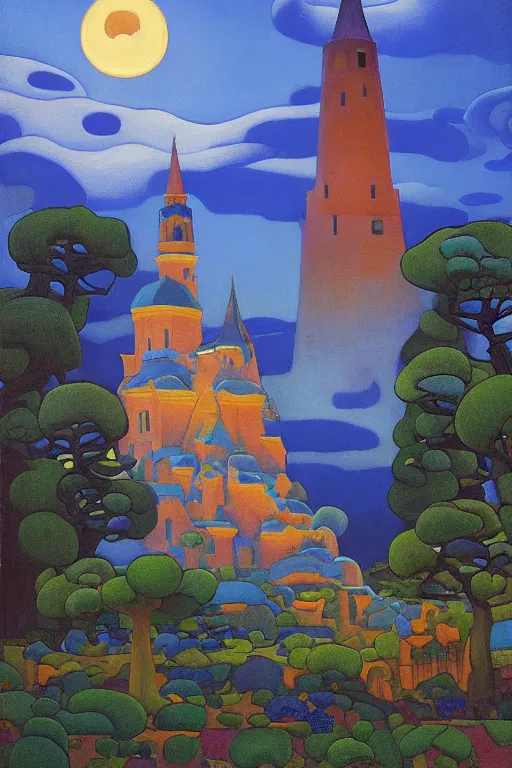 Prompt: view of the mysterious blue tower in its gardens after a storm, tall windows lit up, beautiful ornamental architecture, dramatic cinematic lighting, rich colors, by Nicholas Roerich and William Dyce and April Gornik and Sylvain Sarrailh and Ludwig Deutsch and Diego Rivera, featured on artstation