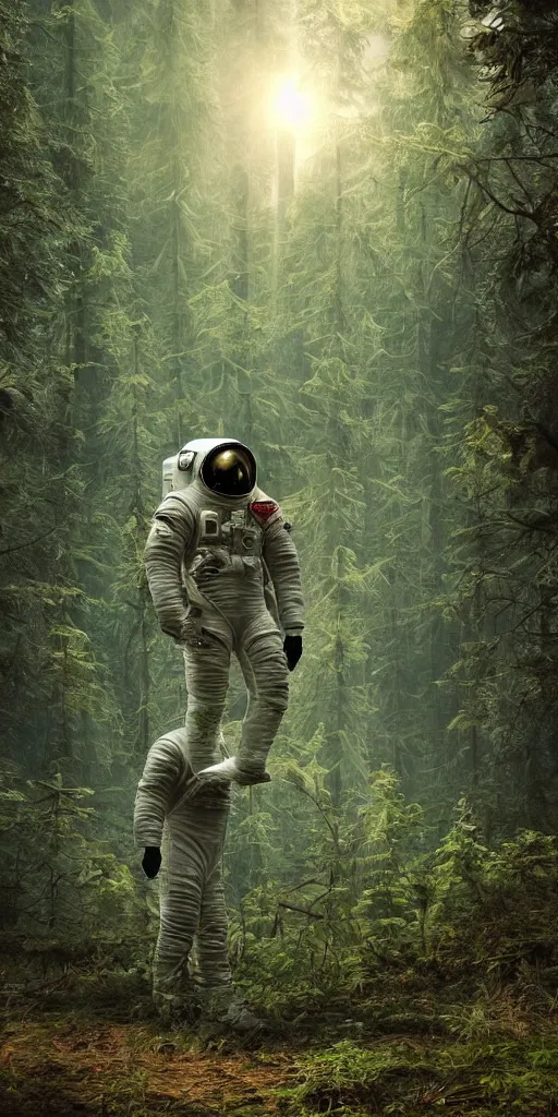 Prompt: american astronaut in the forest plants environment wide angle cinematic lighting atmospheric realistic octane render highly detailed in th