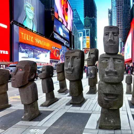 Image similar to photo of lots of Moai 🗿 statues in times square