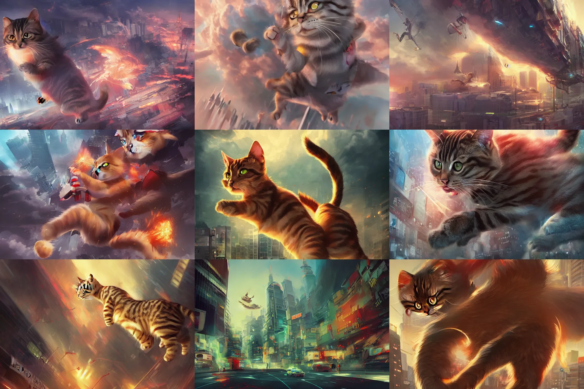 Prompt: tabby cat attacking Tokyo, disaster movie poster, concept art by Ross tran, masterpiece, masterwork, artstation, cgstudio