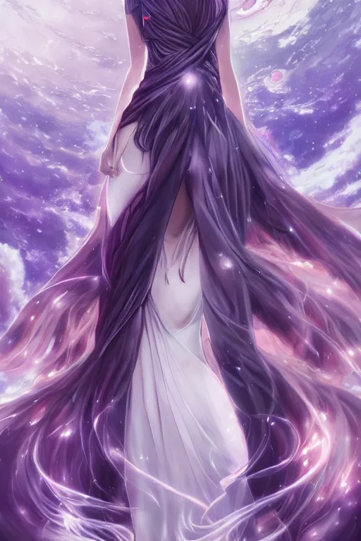 Prompt: anime key visual of a beautiful young moon spirit, wearing the long flowing dress of infinite mystery, intricate, dream realm, stunning, highly detailed, digital painting, artstation, smooth, hard focus, illustration, art by artgerm