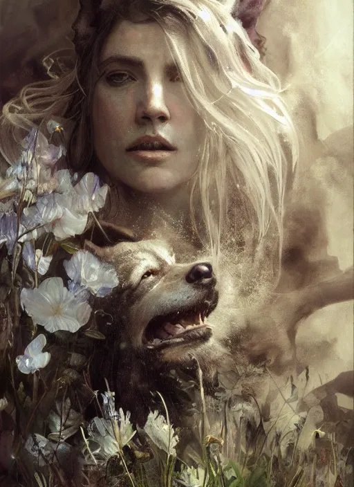 Image similar to wolf hyperrealistic portrait, surrounded by silver wires and white nightshade flowers, by jeremy mann and alphonse mucha, fantasy art, photo realistic, dynamic lighting, artstation, poster, volumetric lighting, dramatic light, very detailed faces, 8 k, award winning
