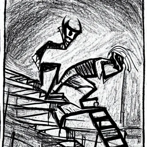 Image similar to drawing of a stickman falling down a staircase into hell