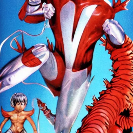 Image similar to ultraman fighting with a huge worm monster