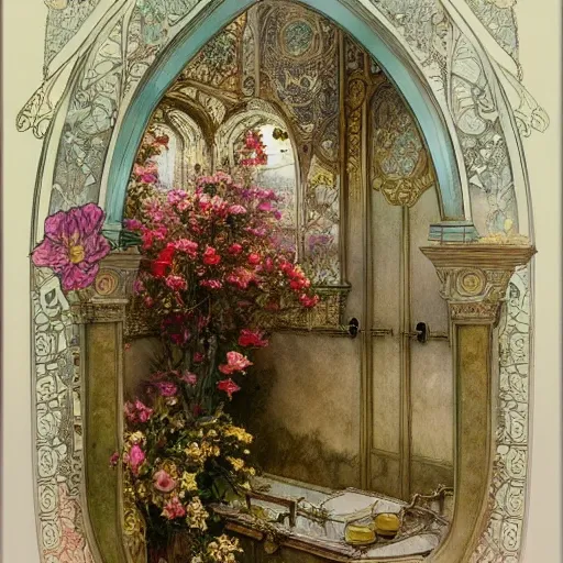 Prompt: a beautifull intricate watercolour painting of a victorian bathroom with many flowers, reflexions, verry high details by william turner art, greg rutkowski and alphonse mucha, trending on artstation, very very detailed, masterpiece,
