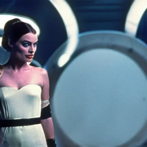 Image similar to film still of Margot Robbie as Princess Leia in Star Wars 1977