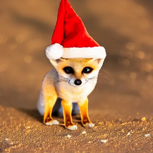 Prompt: a close up, studio colour photograph of a fennec fox wearing a santa hat, dramatic backlighting at golden hour, wide angle 15mm lens, silly cartoon, pixar