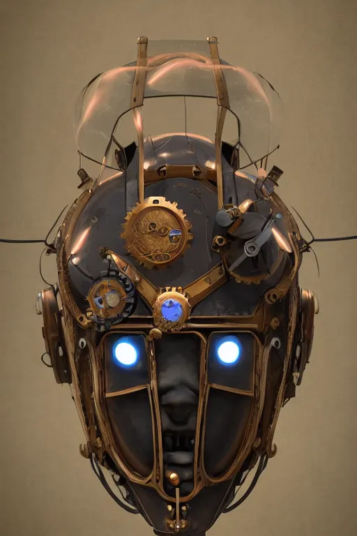 Image similar to steampunk mask minimalist fantasy art robot ninja helmet, global illumination ray tracing hdr fanart arstation by sung choi and eric pfeiffer and gabriel garza and casper konefal radiating a glowing aura