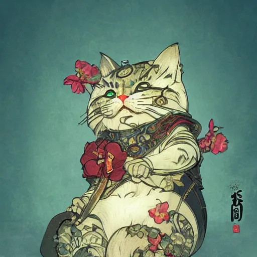 Image similar to A cute maneki neko, flowers around, D&D, fantasy, intricate, cinematic lighting, highly detailed, digital painting, artstation, concept art, smooth, sharp focus, illustration, art by Akihiko Yoshida, Greg Rutkowski and Alphonse Mucha