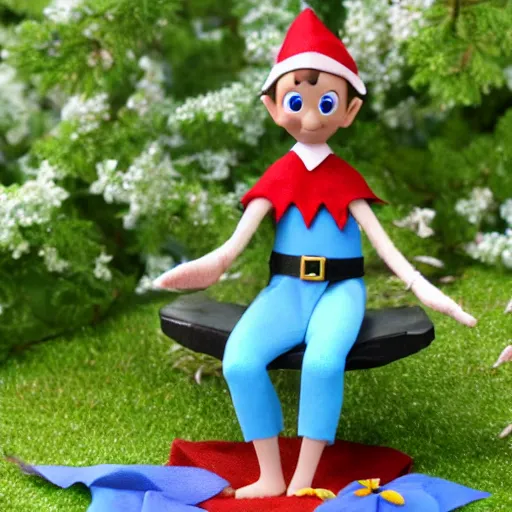 Image similar to a realistic elf is sitting at a close distance, he has a good - natured dreamy look, transparent wings, he is sitting on a beautiful blue flower around a lilac mist c 7. 0