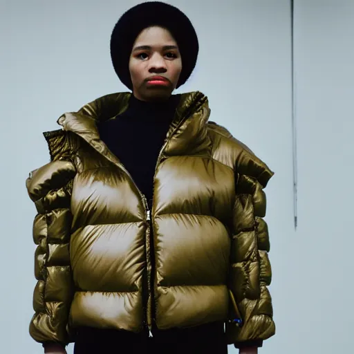 Image similar to realistic photoshooting for a new balenciaga lookbook, color film photography, portrait of a beautiful woman, woman is wearing a puffer jacket, in style of Tyler Mitchell, 35mm,