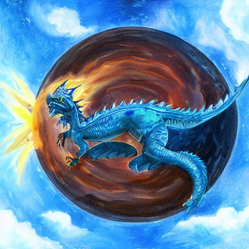 Image similar to Gigantic blue scaled dragon devouring an earth like planet while flying in space, sun system, behemoth, oil painting