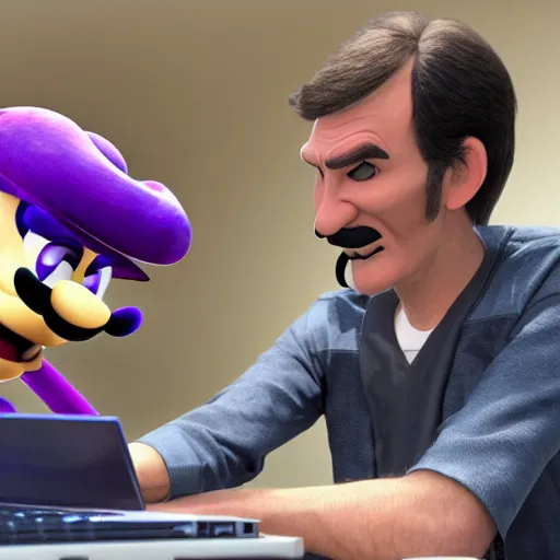 Image similar to waluigi using the computer, hd
