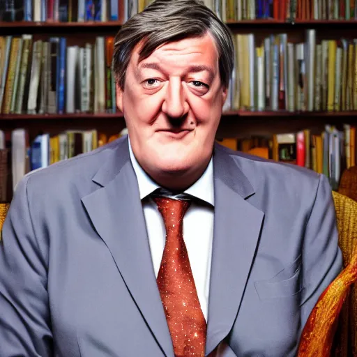 Prompt: Stephen Fry judging the world for its stupidity while sitting on a throne of knowledge., digital art 4k