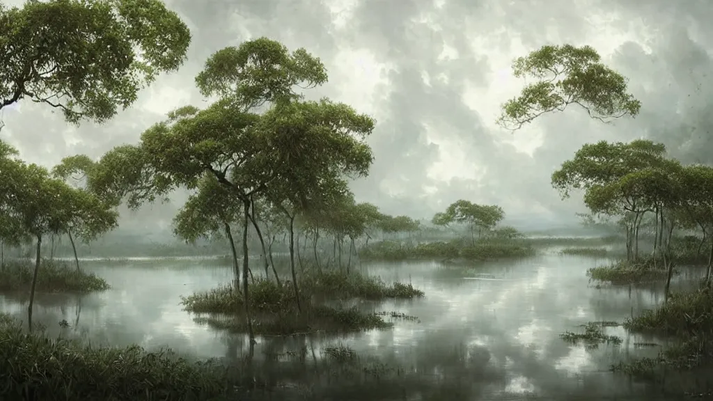 Image similar to Mangrove swamp made of clouds with lots of very very cloud shaped leaves, A beautiful, highly detailed, masterpiece, oil painting by Greg Rutkowski.