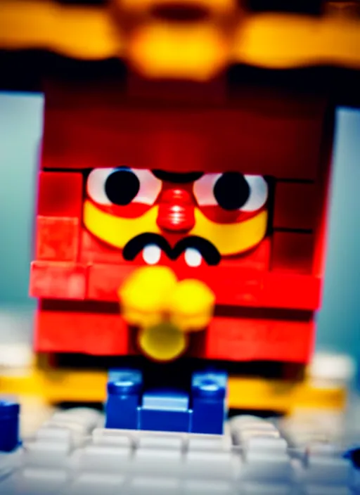 Prompt: photograph of a lego luffy face, depth of field, focus,