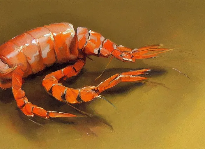 Image similar to “ a highly detailed beautiful portrait of an anthropomorphic shrimp, by gregory manchess, james gurney, james jean ”