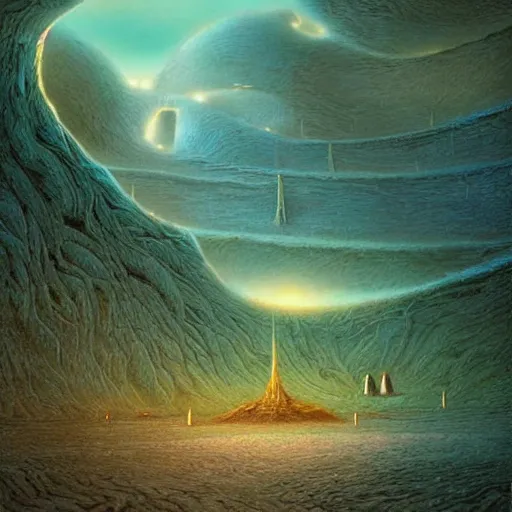 Image similar to artistic digital artwork of an epic scene on an alien planet. beautiful landscape by vincent bons, michael whelan, remedios varo and gerardo dottori. grainy and rough. interesting pastel colour palette. beautiful light. oil and water colour based on high quality render.