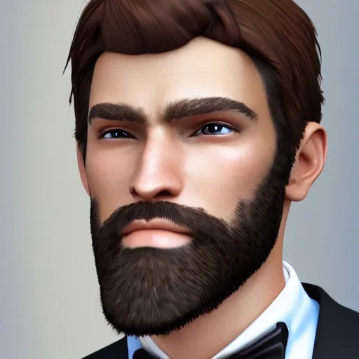 Image similar to a highly detailed portrait of a man, with a brown short beard and hair, blue eyes, wearing a tuxedo, artstation, deviantart, professional, unreal engine 5, photorealistic