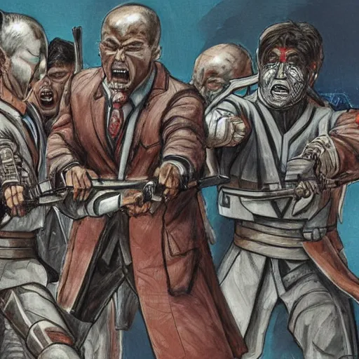 Image similar to highly detailed realistic sketch of UN members in suits yelling at a cyborg samurai, killing each-other , bloody , fear and anger in their eyes, colored , award winning , masterpiece on a scroll , post-processing