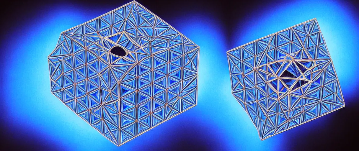 Image similar to hyperrealistic highly detailed metatron's cube rotating mid-air iridescent escher dali matte painting moody blue lighting low angle hd 8k sharp shallow depth of field