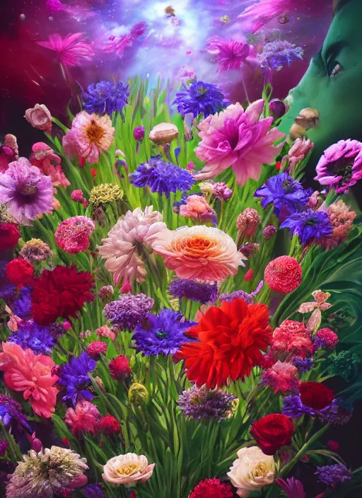 Image similar to An epic fantastic realism comic book style painting of the most beautiful flowers launched across the galaxy, bouquets, fisheye lens, unreal 5, DAZ, hyperrealistic, octane render, dynamic lighting