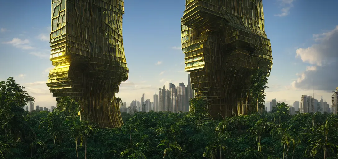 Image similar to futuristic shinny golden building camouflaged in an jungle landscape of a solarpunk world by oscar niemeyer, golden roads le corbusier and frank gerhy, brutalism, movie poster, golden ratio, at dusk lighting, evening lighting, reflections and refractions, film still, hyper realistic, octane render redshift arnold materials unreal engine, 8 k post production, hyper detailed