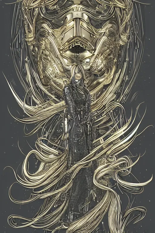 Image similar to gold and silver tones, cybernetic war, style of moebius, james jean, mcbess, star wars, long glowing ethereal hair, cinematic, highly detailed, award winning, 8 k photorealistic