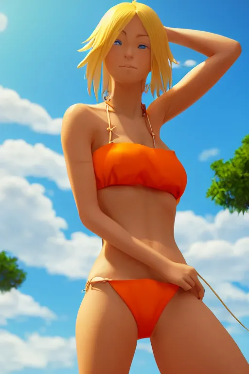 Image similar to beautiful blond woman in orange tribal bikini, blond hair pulled back, by makoto shinkai, 8 k, high resolution render, cinematic, unreal engine, clean lineart and flat color,