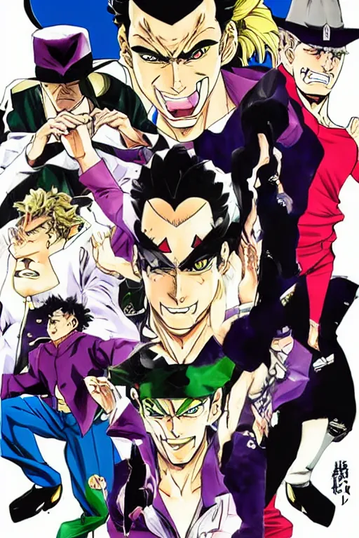 Image similar to manga cover of jotaro kujo fighting dio, shounen jump, art by hirohiko araki, japanese comic book, art by keisuke itagaki, modern fashion outfit, dynamic poses, action poses, muscular characters