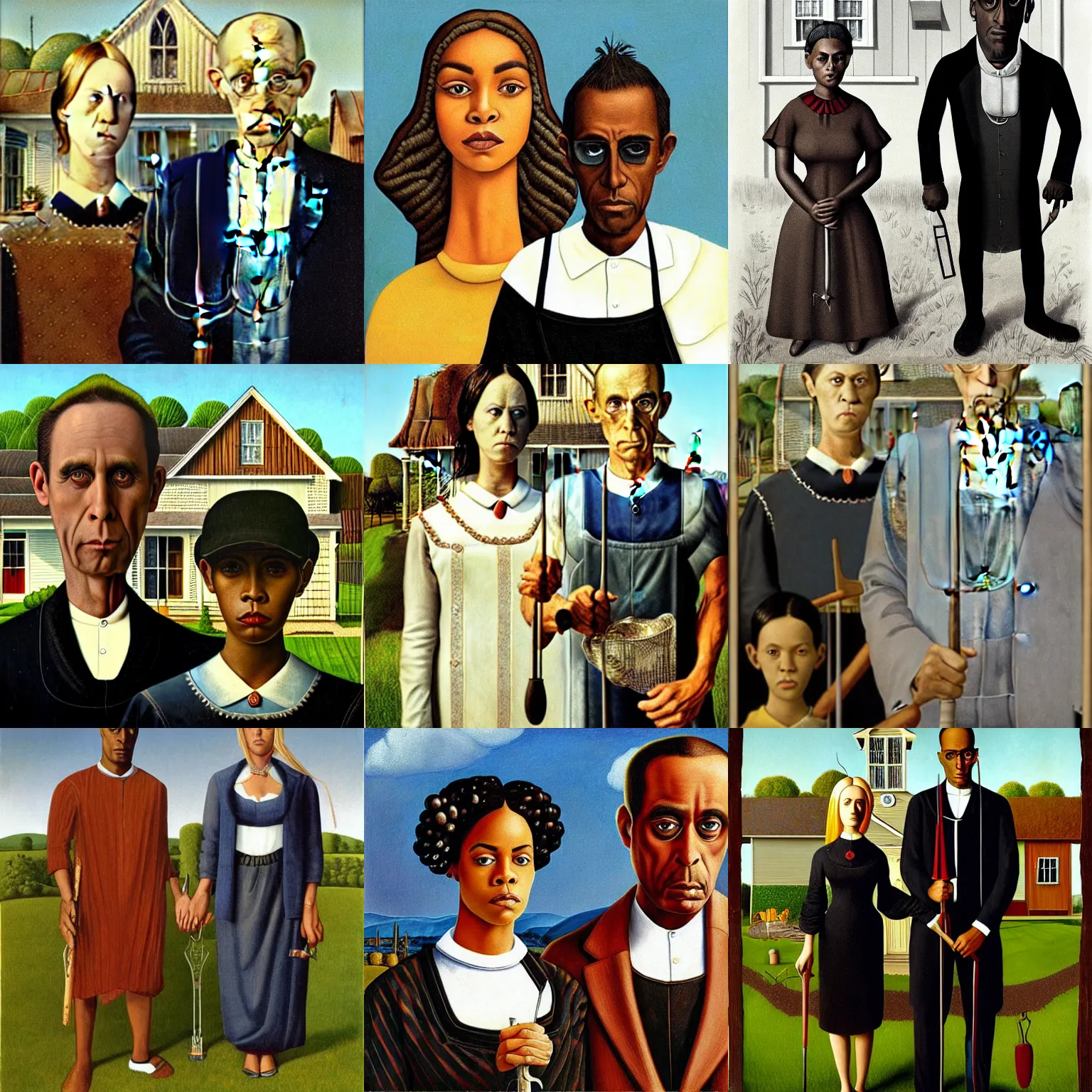 Prompt: coolio and rhianna as the characters in american gothic by grant wood