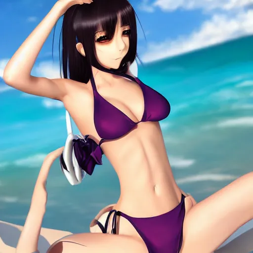Image similar to beautiful anime woman, photo realistic, futuristic, in a bikini