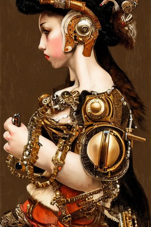 Image similar to portrait, headshot, digital painting, of a 17th century, beautiful automaton cyborg merchant girl, Borgia, dark hair, amber jewels, baroque, ornate clothing, scifi, futuristic, realistic, hyperdetailed, underexposed, chiaroscuro, concept art, art by waterhouse and caravaggio