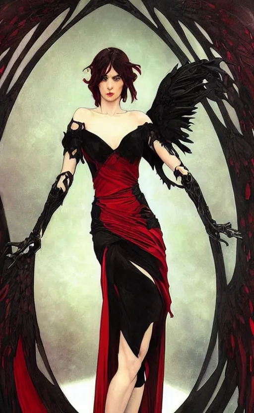 Image similar to Female dark angel in gothic red and black dress, their black wings are extended. By artgerm and greg rutkowski and alphonse mucha