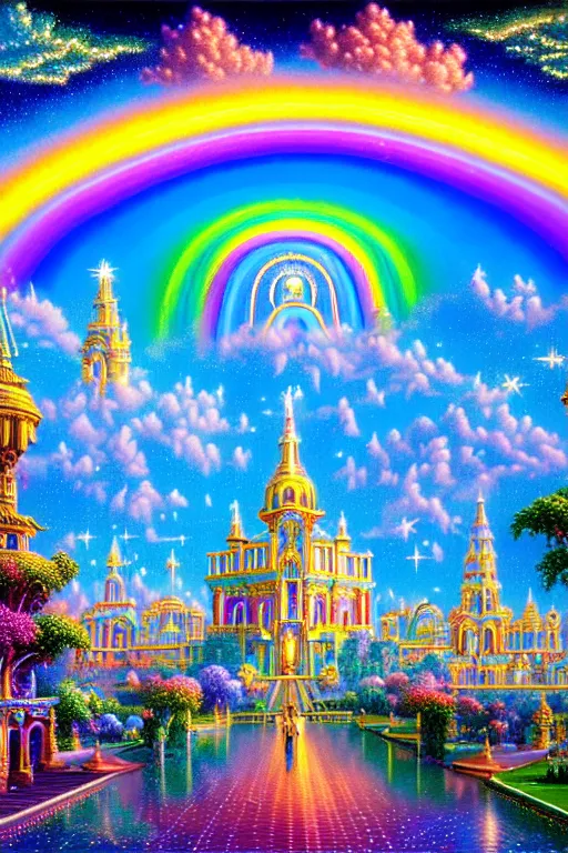 Prompt: a photorealistic detailed cinematic image of a beautiful vibrant iridescent future for human evolution, spiritual science, divinity, utopian, prismatic cumulus clouds, ornate architecture, isometric palace, ornate intricate embellished kingdom. night garden magic, rainbow holographic jewels and sparkling diamonds, by david a. hardy, kinkade, lisa frank, wpa, public works mural, socialist