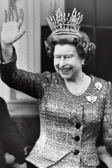 Image similar to queen Elizabeth smiling and waving while on fire