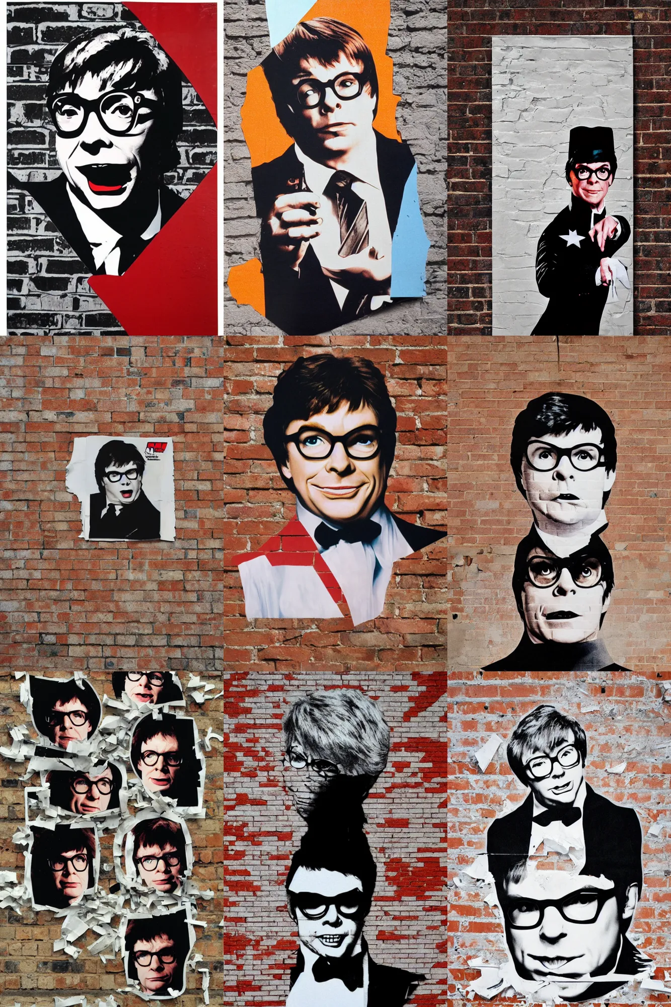 Prompt: poster of austin powers by david carson, torn edges, on a brick wall