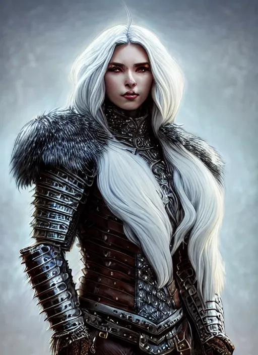 Image similar to fur leather armor!!! long wild white hair!! covered chest!!! fantasy, d & d, intricate ornate details, symmetry, concept art, sharp focus, illustration, art by artgerm! greg rutkowski magali villeneuve wlop! ilya kuvshinov!!, octane render, unreal engine 5, highly rendered!!