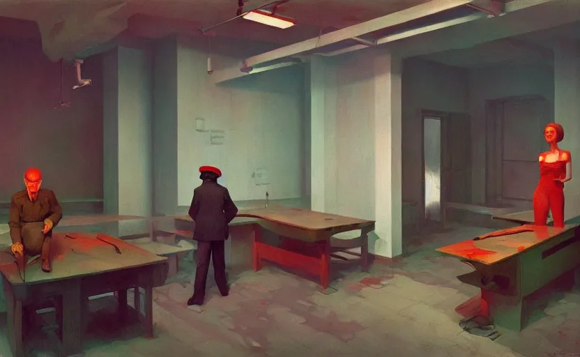 Image similar to Inside Soviet factories gulag, very coherent, painted by Edward Hopper, Wayne Barlowe, painted by James Gilleard, airbrush, art by JamesJean