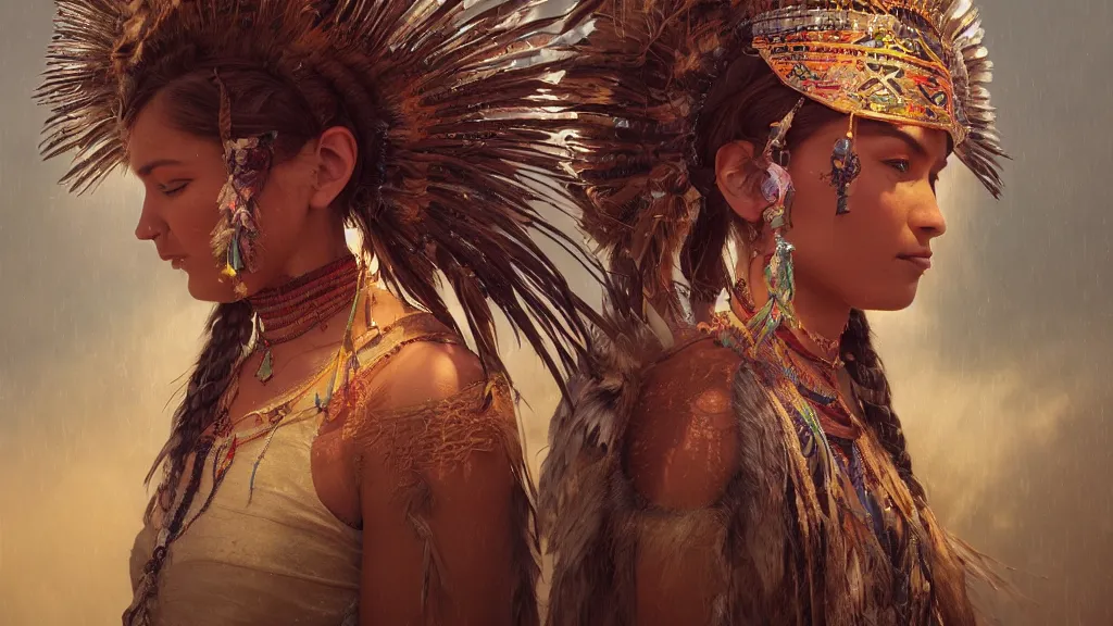 Image similar to highly detailed portrait of a n indigenous woman, feathered headdress, traditional clothing, unreal engine, fantasy art by greg rutkowski, ferdinand knab, makoto shinkai and lois van baarle, ilya kuvshinov, rossdraws, tom bagshaw, global illumination, radiant light, detailed and intricate environment