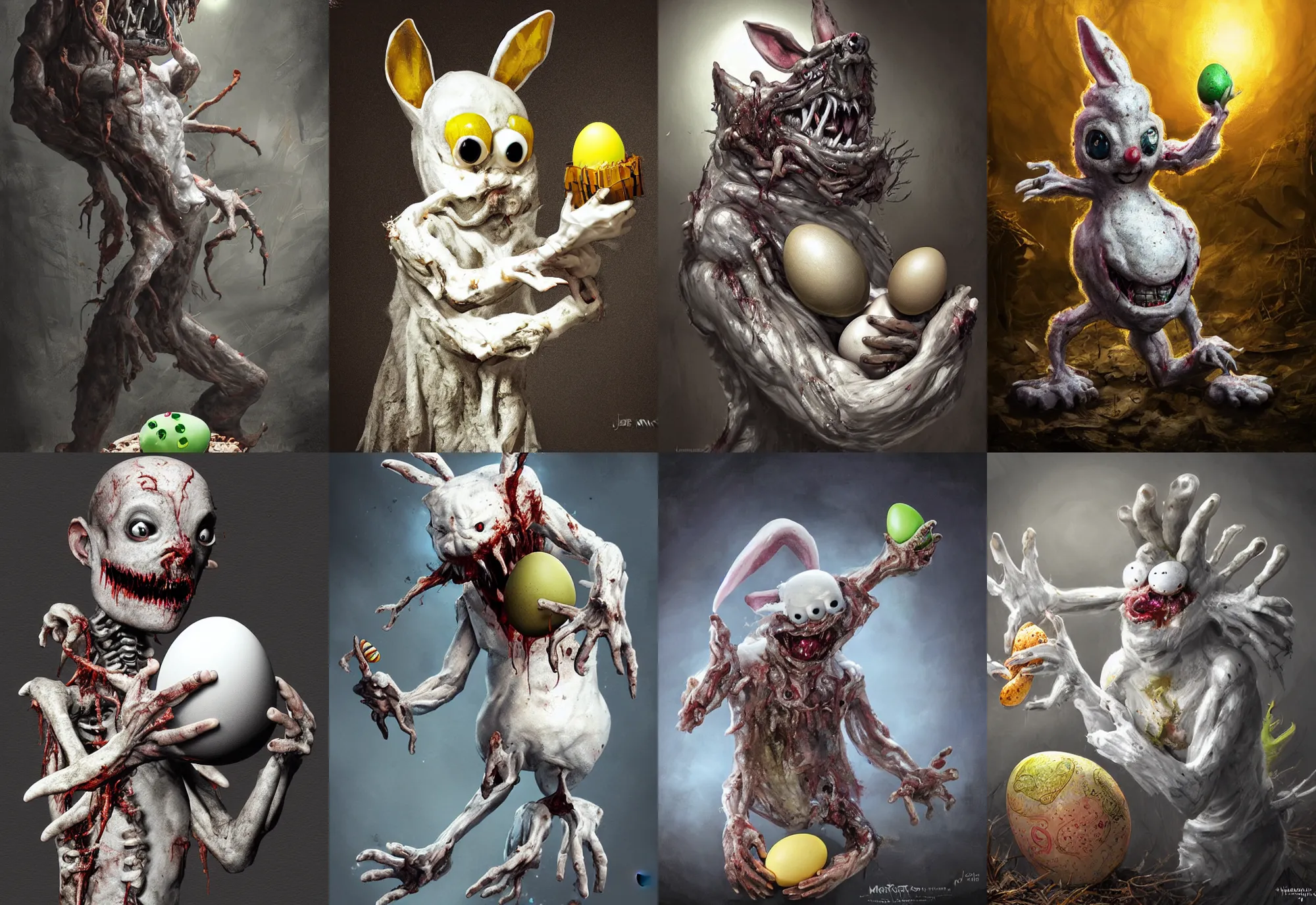 Prompt: a nightmarish slimy monster white easter bunny, with black eyes, rotting flesh, exposed bone, reaching out holding an easter egg, by jerad marantz, concept art, dramatic lighting, highly detailed digital painting