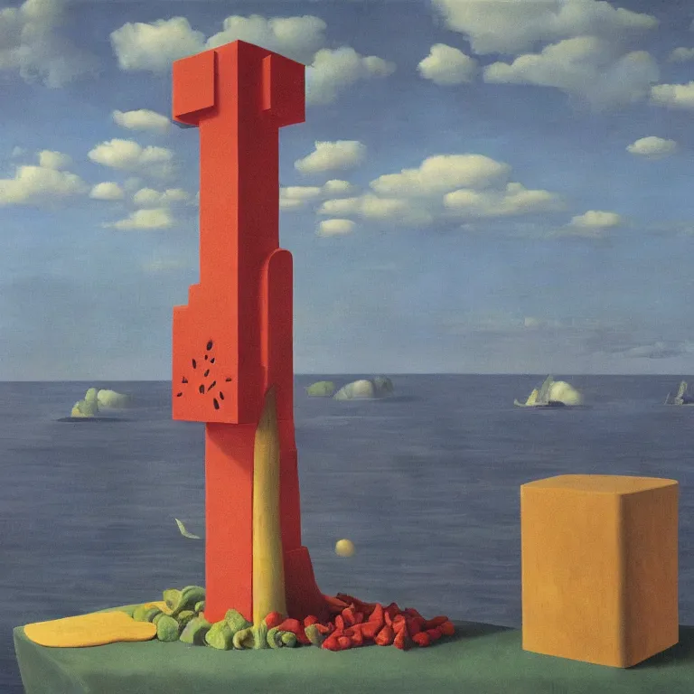 Prompt: A Monumental Public Sculpture of a 'Time Machine for Mistakes made out of Fruit Snacks' on a pedestal by the Sea, surreal oil painting by Rene Magritte and Max Ernst shocking detail hyperrealistic!! Cinematic lighting